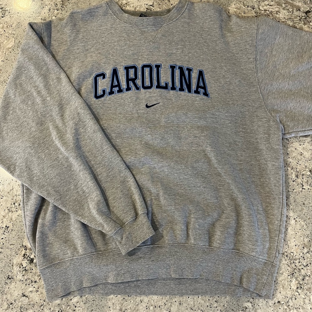 Vintage 90s Nike Centre Swoosh Gray Carolina Crewneck Sweater - Picture 1 of 6